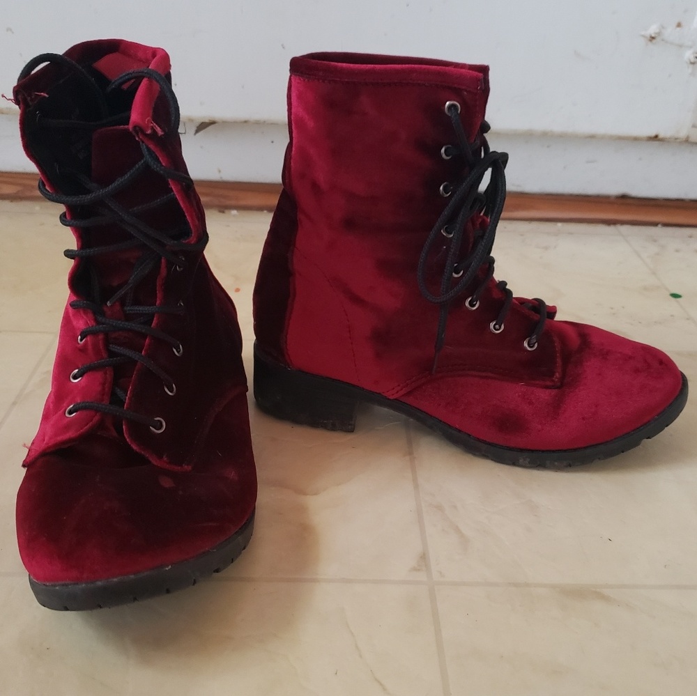 Red velvet combat boots